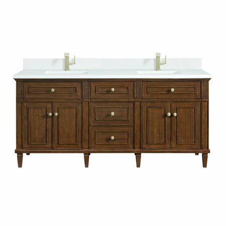 JAMES MARTIN VANITIES 72''Double Vanity, Mid-Century Walnut w/ Single Hole 3 CM White Zeus Quartz Top & Backsplash 424-V72-WLT-1WZ